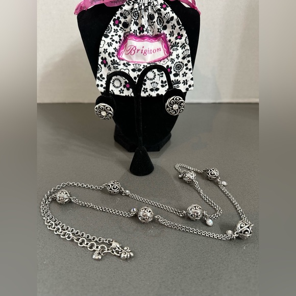 Brighton Contempo Filagree Ball & crystal long silver necklace and earring set - Picture 1 of 9